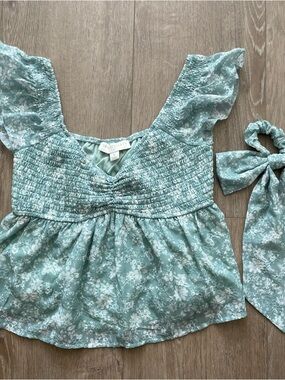 Cute Smocked Floral Peplum Blouse in Mint Green with matching hair tie